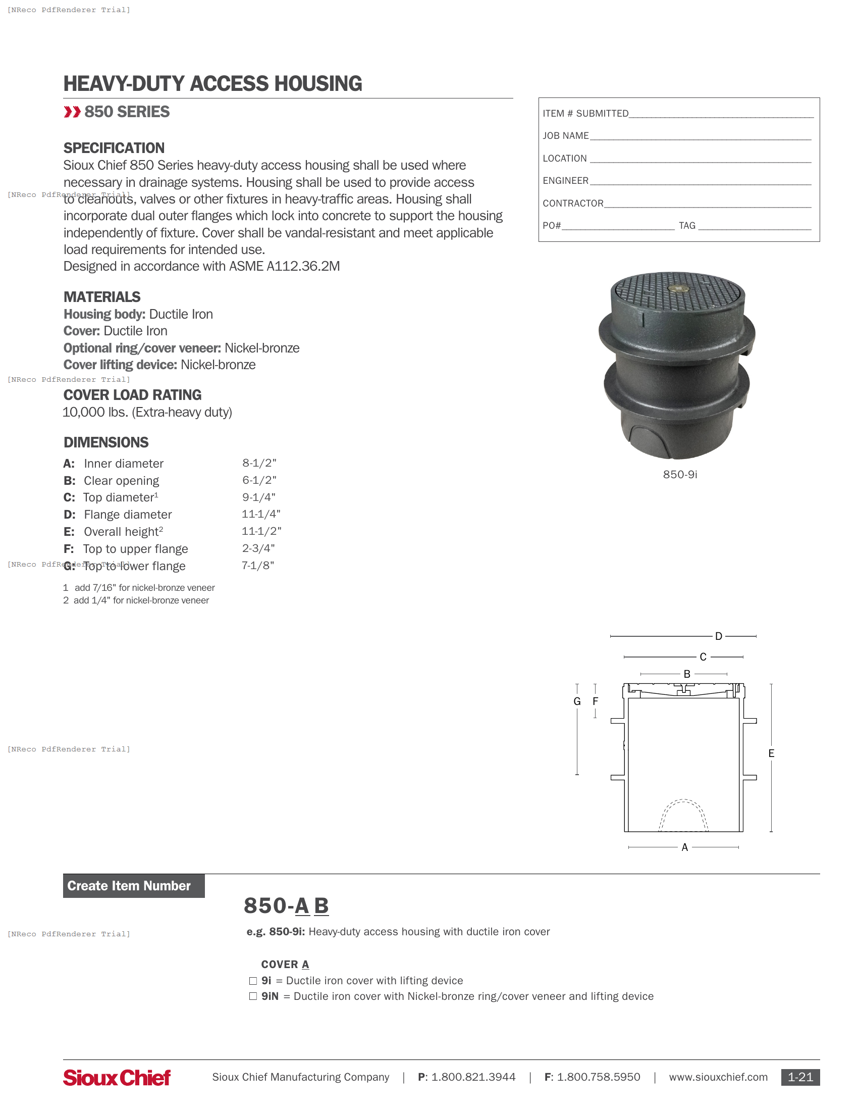 850 SERIES - HEAVY-DUTY CLEANOUT HOUSING - SPEC SHEET.PDF Specification Document